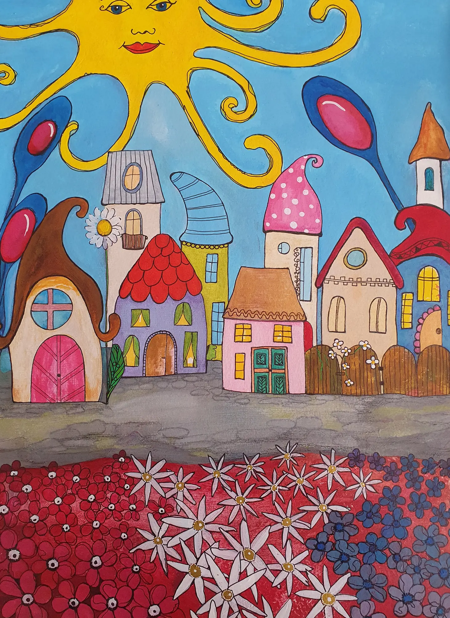 Das kunterbunte Dorf, wie's mir gefällt - Naive Welt, 36x48cm