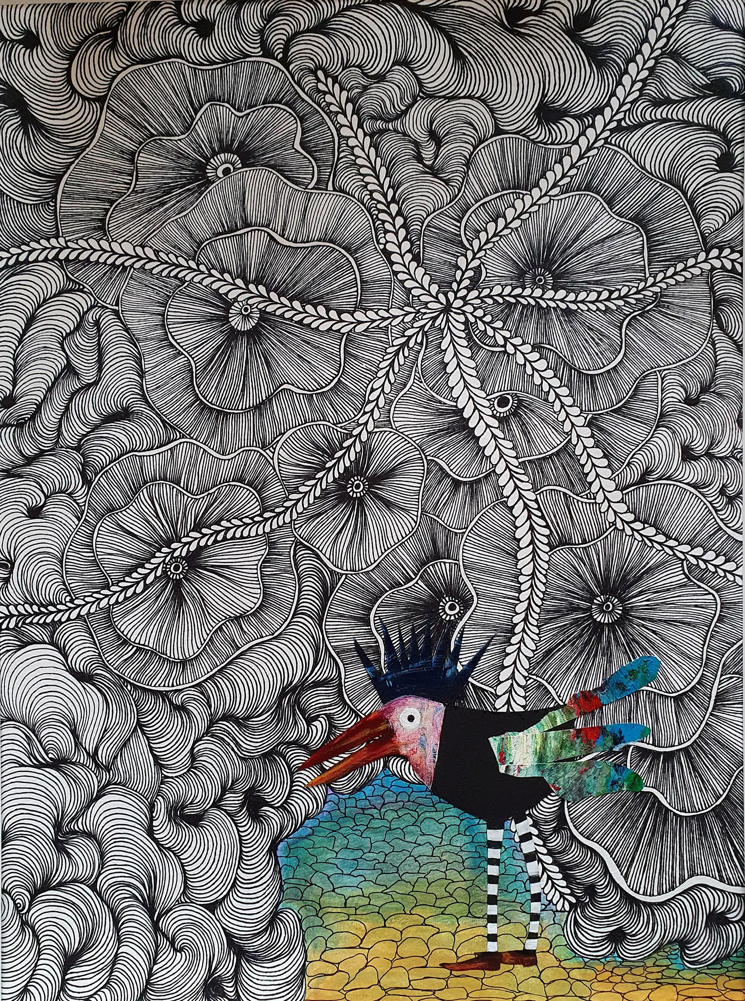 Der Glücksvogel-Geh' ins Licht mit offenen Armen - Collage, 36x48cm