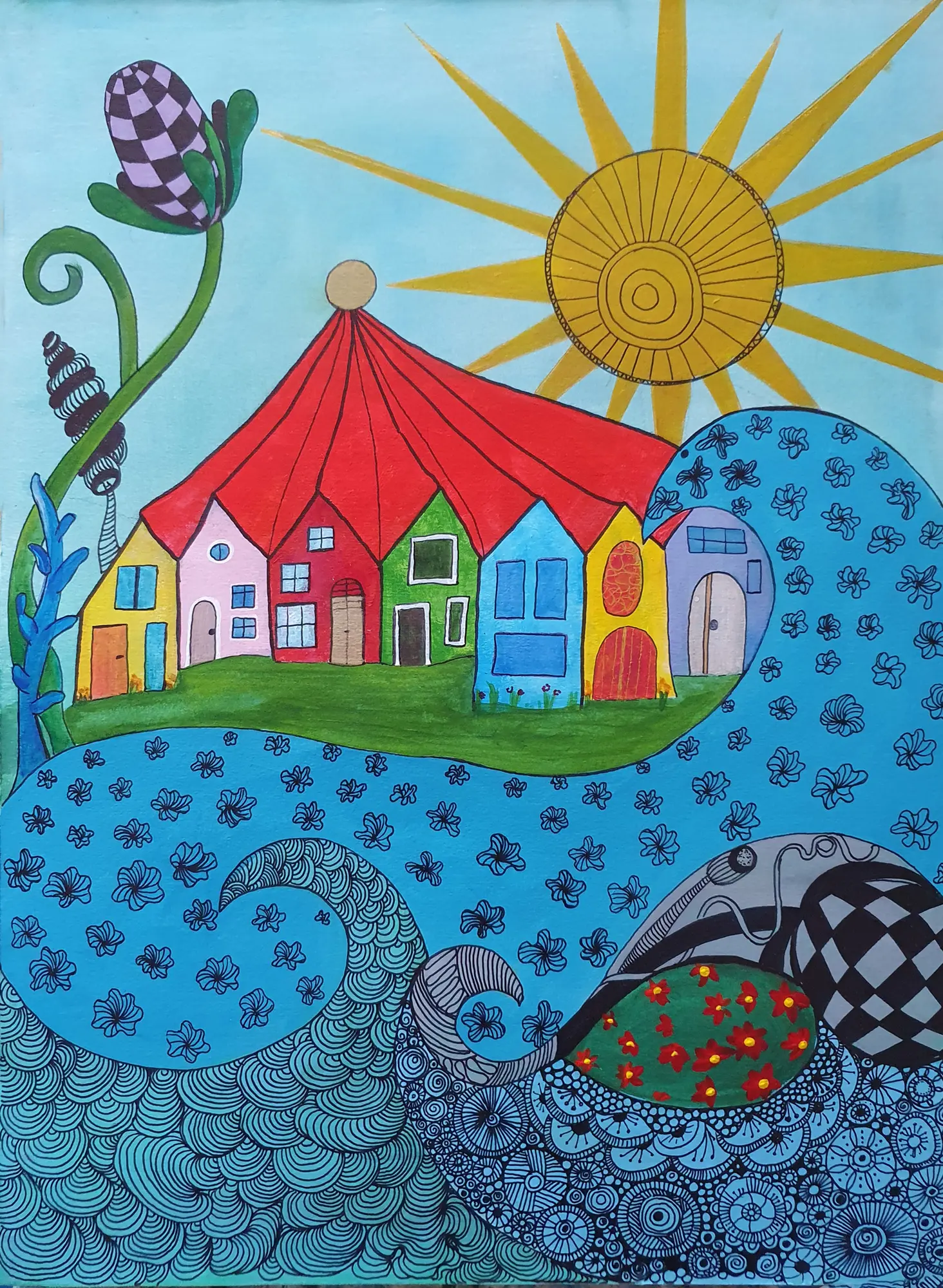 Die 3. Corona-Welle und trotzdem scheint die Sonne - Naive Welt, 30x40cm